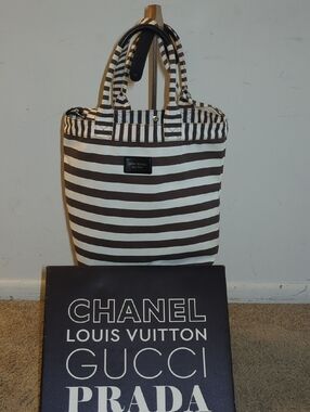 henri bendel Brown & Cream Striped Canvas Tote Weekender Bag LOW PRICE $60